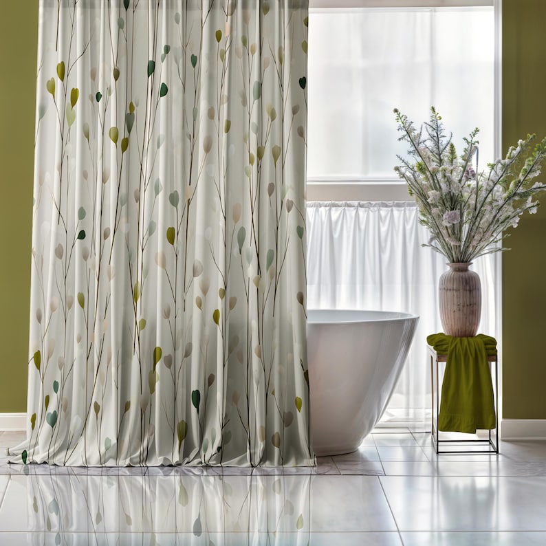 Gorgeous organic modern beige shower curtain with subtle botanical print
in a luxury bathroom with soft nature inspired aura.