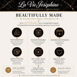 Puede incluir: Una infograf&iacute;a para La Vie Josephine con texto en negro y dorado sobre fondo crema. Destaca caracter&iacute;sticas del producto como resistencia al agua, lavado a m&aacute;quina, ojales reforzados, impresi&oacute;n vibrante y ca&iacute;da de tela suave.