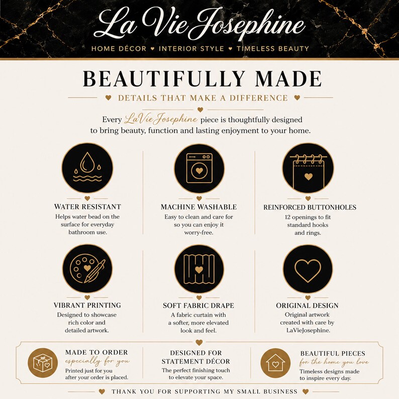 Puede incluir: Una infograf&iacute;a para La Vie Josephine con texto en negro y dorado sobre fondo crema. Destaca caracter&iacute;sticas del producto como resistencia al agua, lavado a m&aacute;quina, ojales reforzados, impresi&oacute;n vibrante y ca&iacute;da de tela suave.