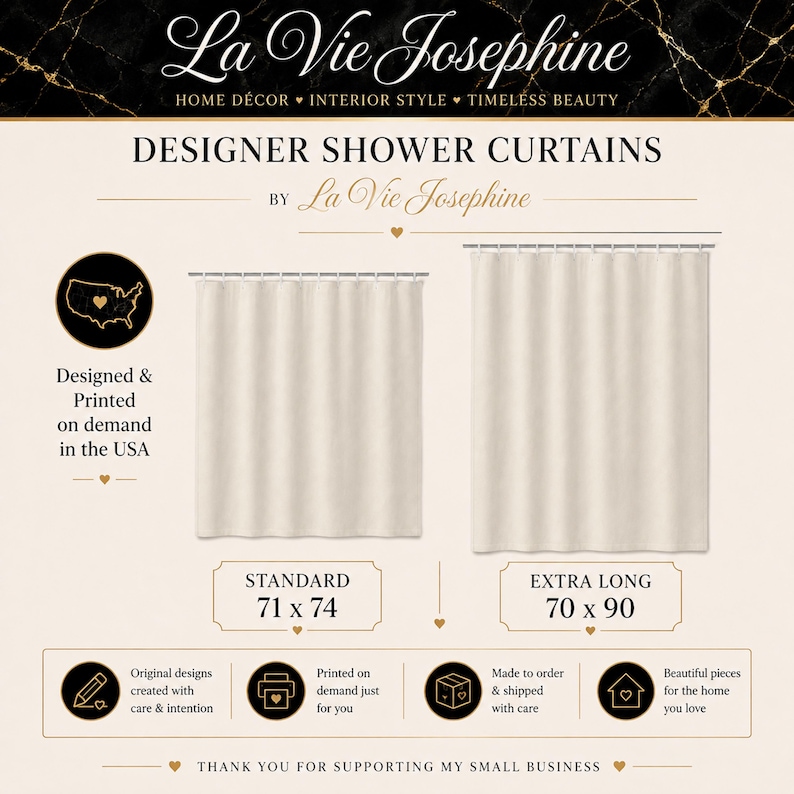 Puede incluir: Una pantalla gr&aacute;fica para cortinas de ducha La Vie Josephine que muestra dos tama&ntilde;os: una cortina est&aacute;ndar de 71 x 74 cm y una extra larga de 70 x 90 cm. El texto incluye detalles de la marca, especificaciones de tama&ntilde;o e informaci&oacute;n.