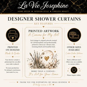 Puede incluir: Una infograf&iacute;a para cortinas de ducha de dise&ntilde;o La Vie Josephine. El texto detalla las ilustraciones impresas, la producci&oacute;n bajo pedido y las opciones de tama&ntilde;os personalizados. La ilustraci&oacute;n central muestra pinceles en un frasco y una paleta en forma de coraz&oacute;n.