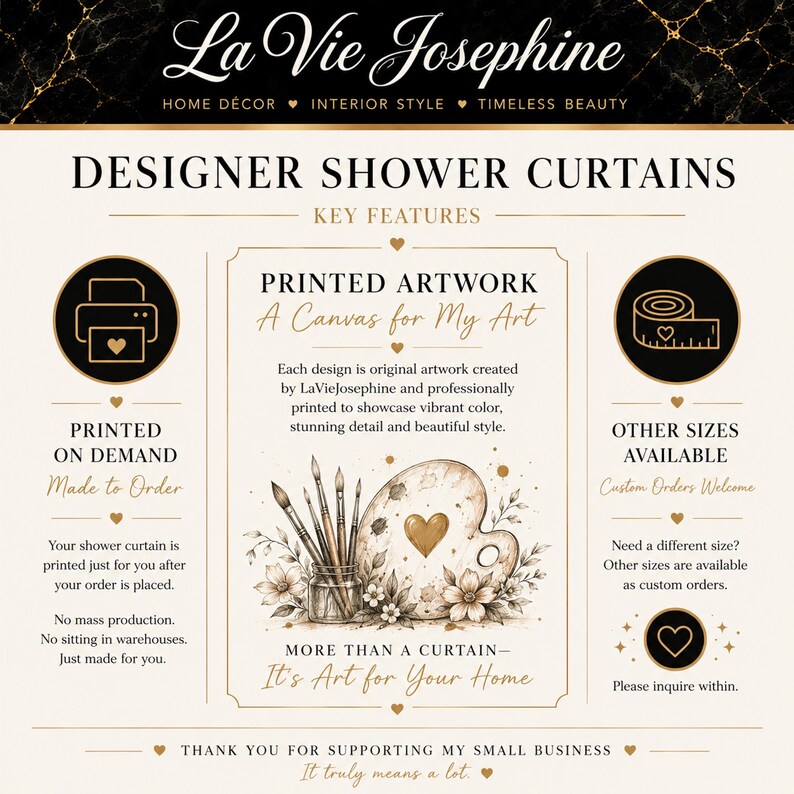 Puede incluir: Una infograf&iacute;a para cortinas de ducha de dise&ntilde;o La Vie Josephine. El texto detalla las ilustraciones impresas, la producci&oacute;n bajo pedido y las opciones de tama&ntilde;os personalizados. La ilustraci&oacute;n central muestra pinceles en un frasco y una paleta en forma de coraz&oacute;n.