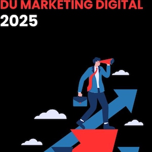 以下が含まれることがあります： 青いスーツと赤いネクタイを着た人が、上向きの赤い矢印の上に立っています。その人は双眼鏡をのぞき込み、ブリーフケースを持っています。矢印は2本の青い矢印の上にあり、すべて上向きです。背景は黒で、白い雲があります。