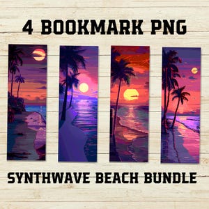 Peut inclure: Ensemble de quatre images de signet numériques représentant une scène de plage synthwave avec des palmiers, un coucher de soleil et un reflet dans l'eau. Les signets sont dans un style pixélisé.