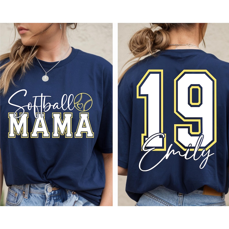 May include: A navy blue t-shirt with the text "Softball Mama" and a softball graphic on the front. The back of the shirt has a white number 19 with a yellow outline and the name "Emily" written in cursive below the number.