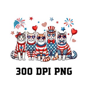 Chat patriotique du 4 juillet PNG, Clipart chats du 4 juillet, Sublimation de chats bleu blanc rouge, chat américain mignon, fête de l&#39;indépendance, Clipart chaton