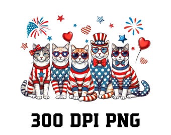 4 juli patriotisk katt PNG, fjärde juli katter Clipart, röd vit blå katter sublimering, söt USA katt, självständighetsdagen, kattunge Clipart