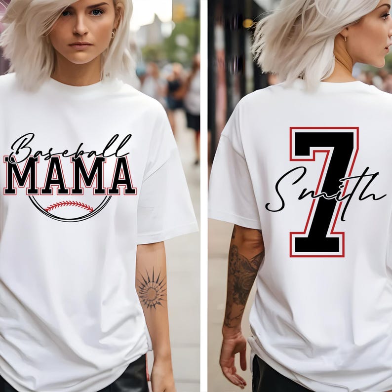 May include: White t-shirt with the text "Baseball Mama" and a baseball graphic on the front. The back of the shirt has a black number "7" with a red outline and the text "Smith" in cursive.