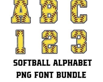 Bundle PNG de polices de softball, lot de 0 à 9 caractères de softball, lot de lettres de l'alphabet de softball PNG, alphabet et police de caractères de baseball et de softball