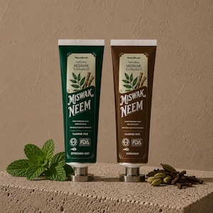 Miswak & Neem örttandkräm | Fluorfri, Halal, Vegansk, Naturlig tandblekning | Mynta eller kardemumma