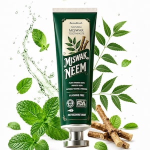 May include: A dark green tube of RemoBrush Natural Miswak Neem toothpaste with a silver cap. The label features the text Miswak Neem, Plant Strongs Gums, Protects Teeth, Naturally Cleans & Freshens, Fluoride Free, and Refreshing Mint.