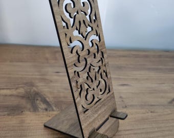 Soporte decorativo de madera para teléfono con estampado: soporte de escritorio para teléfono móvil, accesorio de madera natural.