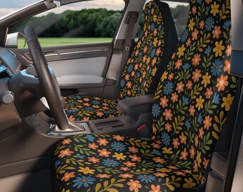 Zestaw pokrowców na siedzenia samochodowe Summer Floral - pokrowce na przednie siedzenia dla kierowcy i pasażera - uniwersalne dopasowanie - stylowa dekoracja samochodowa w stylu boho - kwiatowy samochód