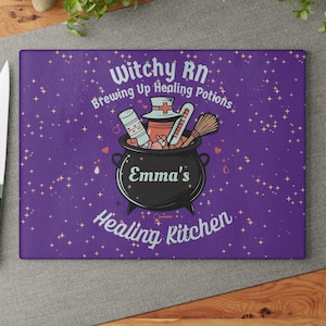Witchy RN Glass Cutting Board: Magical Nurse Kitchen Decor