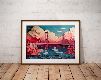 Arte mural del puente Golden Gate, arte de San Francisco, decoración en papel, descarga digital
