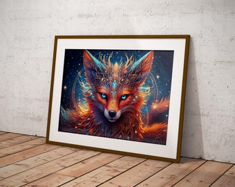 Fox Spirit Wandkunst, Kurama Art Nine-Tailed Fox Decor Digital Download