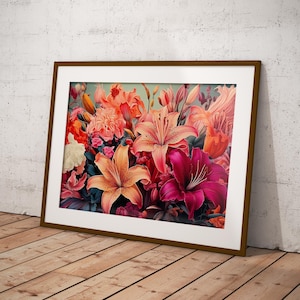 Tiger Lily Floral Bouquet Wall Art , Vibrant Flower Art Bouquet Home Decor Digital Download