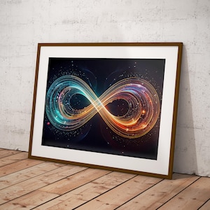 May include: A framed print of a colorful infinity symbol made of glowing lines on a dark background.