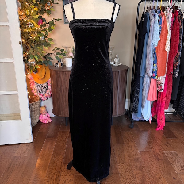 Vestido de noche vintage La Belle de terciopelo negro con purpurina Y2K