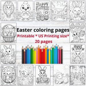 Peut inclure: Un ensemble de 20 pages à colorier de Pâques imprimables mettant en scène des lapins, des poussins, des œufs et d'autres illustrations sur le thème de Pâques. Les pages sont conçues pour du papier de format lettre US.  "Joyeuses Pâques !" et "Imprimable * Taille d'impression US* 20 pages" sont écrits sur l'image.