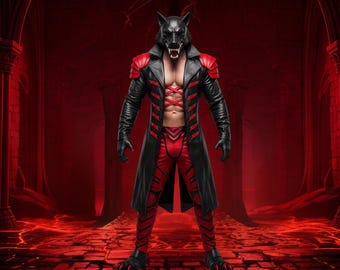 Men&#39;s Gothic Werewolf Genuine Leather Coat & Pants Set , Red Black Cosplay Outfit , Dark Fantasy Warrior Costume , Halloween Festival Wear