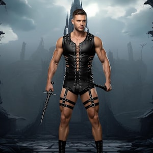 Men's Real Leather Lace-Up Top & Strappy Shorts: Gothic Cosplay Costume
