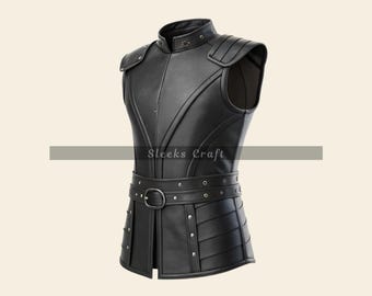 Black Leather Gothic Cosplay Vest, Mens Genuine Leather Warrior Costume Vest, Handmade Steampunk Vest, Gift For Him