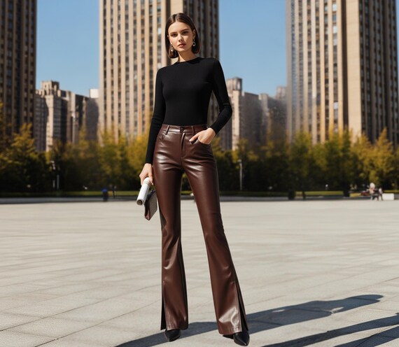Calça de couro marrom flare: Calça de couro legítimo de cintura