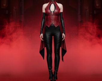 Women Genuine Leather Vampire Costume, Gothic  Red Halter Corset Top & Black Leather Pants Set , Halloween Festival Cosplay Outfit