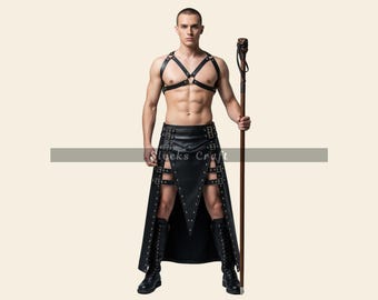 Genuine Leather Gothic Kilt With Leather Harness Men, Handmade Soft Leather Fantasy Warrior Costume, Black Leather Long Gladiator Kilt