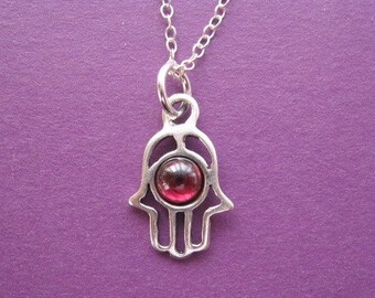 Hamsa Necklace,Hamsa Hand Necklace, Garnet Hamsa Pendant, Sterling Silver Hand Necklace, Dainty Hamsa Necklace, Judaica Jewelry Necklace