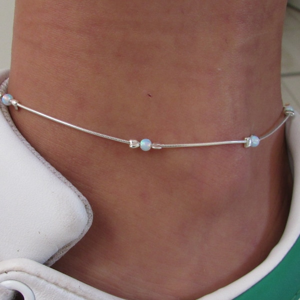 Opal Bead Sterling Silver Anklet, Opal Ankle Bracelet, Body Jewelry White Opal Dot on Silver Chain, Summer Jewelry, Ankle Layering Bracelet