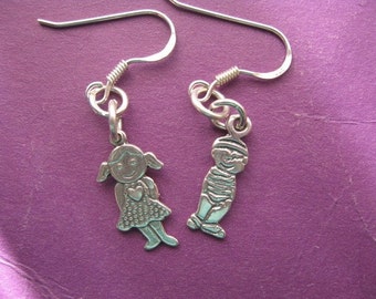 Boy and Girl Earrings, Child Charm Dangling Earrings, Silver Charm Earrings, Children Charm, Childrens Jewelry, Cute Little Girl Charm 925