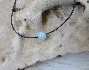 Aquamarine Leather Necklace, Simple Bead Necklace, Leather Chain with Blue Bead, Aquamarine Gemstone Necklace, Everyday Jewelry
