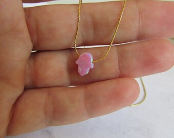 Opal Necklace, Hamsa Necklace, Pink Opal Hamsa and Gold Necklace, Opal Hamsa Hand necklace, 14K Goldfilled with Opal Hand necklace