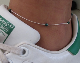 Anklet, Tiny Opal Bead and Sterling Silver Chain Ankle Bracelet, Body Jewelry, Green Opal Beaded Ankle Bracelet, Layering Anklet Opal beads