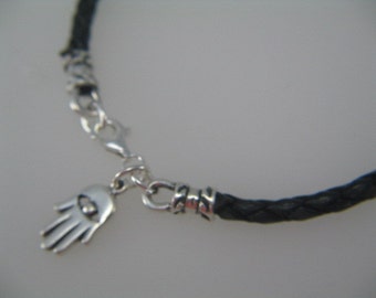 Hamsa Bracelet, charme Hamsa, Mens cuir Bracelet, Bracelet Simple, noir cuir Silver Hamsa Bracelet à breloques