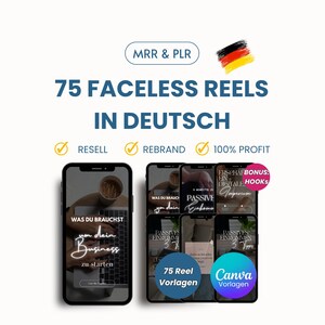 Könnte beinhalten: Werbegrafik mit der Aufschrift "75 FACELESS REELS IN DEUTSCH". Das Bild zeigt mehrere Smartphones mit Reel-Vorlagen. Text enthält "RESELL", "REBRAND" und "100% PROFIT". Eine deutsche Flagge ist ebenfalls zu sehen.