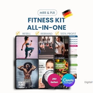 Könnte beinhalten: Werbebild für ein Fitness-Kit mit dem Text "FITNESS KIT ALL-IN-ONE". Das Bild zeigt verschiedene Fitness-Inhalte, wie Workouts, Marathonläufer und gesunde Ernährung. Das Kit bietet Optionen zum Wiederverkauf und Rebranding mit 100 % Gewinn.