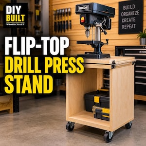 May include: A light-colored plywood flip-top drill press stand on four black swivel casters. A black Rikon drill press is mounted on the top surface. The stand features an open storage compartment containing two black and yellow plastic tool cases.