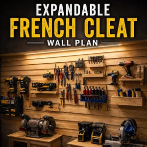 May include: A wooden wall storage system featuring the text EXPANDABLE FRENCH CLEAT WALL PLAN. The system includes horizontal slats holding various power tools, hand tools, and organizers, with a bench grinder and circular saw on the surface below.