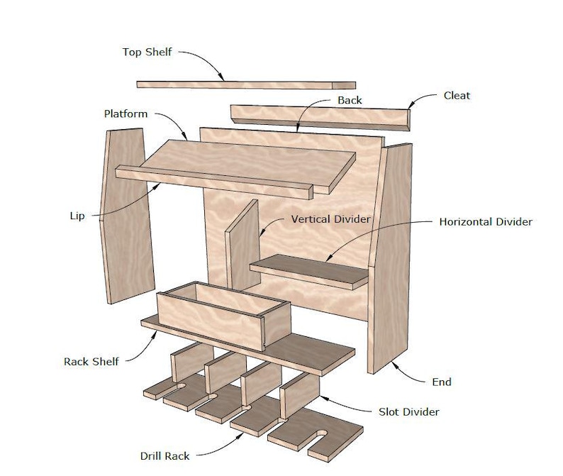 Exploded View Shelf Drill Charging Station | French Cleat Drill Holder PDF Plans | Wall ...