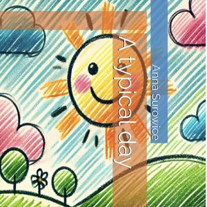 Peut inclure: Illustration colorée d'une journée ensoleillée avec un soleil souriant, des nuages, des arbres et le texte "A typical day" et "Anna Surowice". L'œuvre est réalisée dans un style crayon avec des couleurs vives.