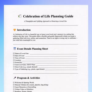 Guía de planificación para la celebración de la vida / Lista de verificación imprimible para conmemoración / Formato PDF (tamaño A4 y carta EE. UU.)