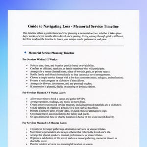 Lista de verificación del cronograma del servicio conmemorativo / Guía imprimible para la planificación del funeral / Organizador para celebrar la vida / Formato PDF (A4 y carta de EE. UU.)