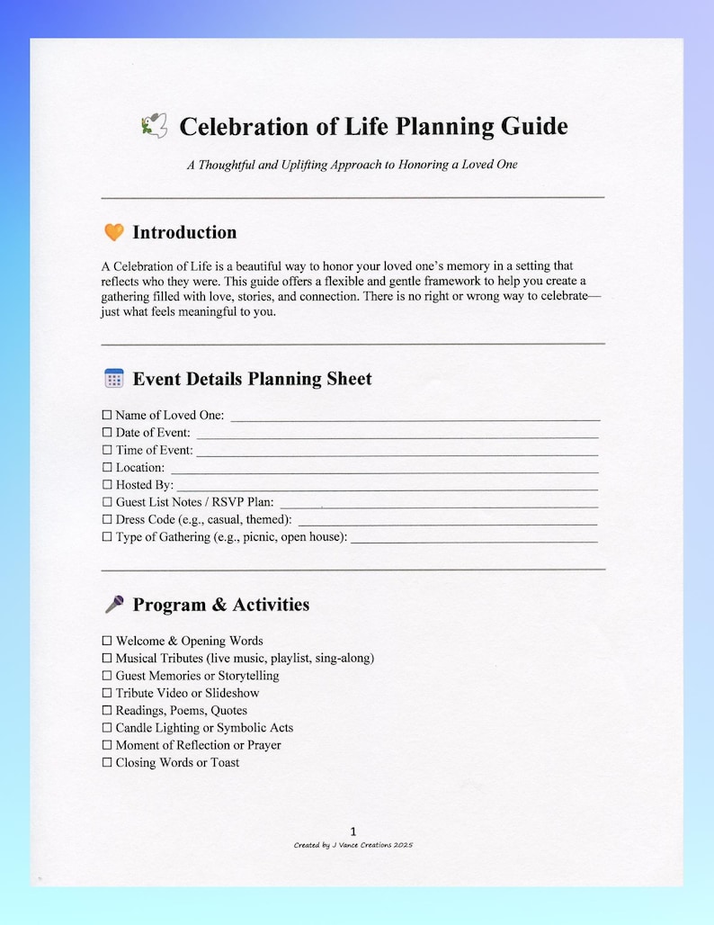 Celebration of Life Planning Guide | Printable Memorial Checklist | A4 ...