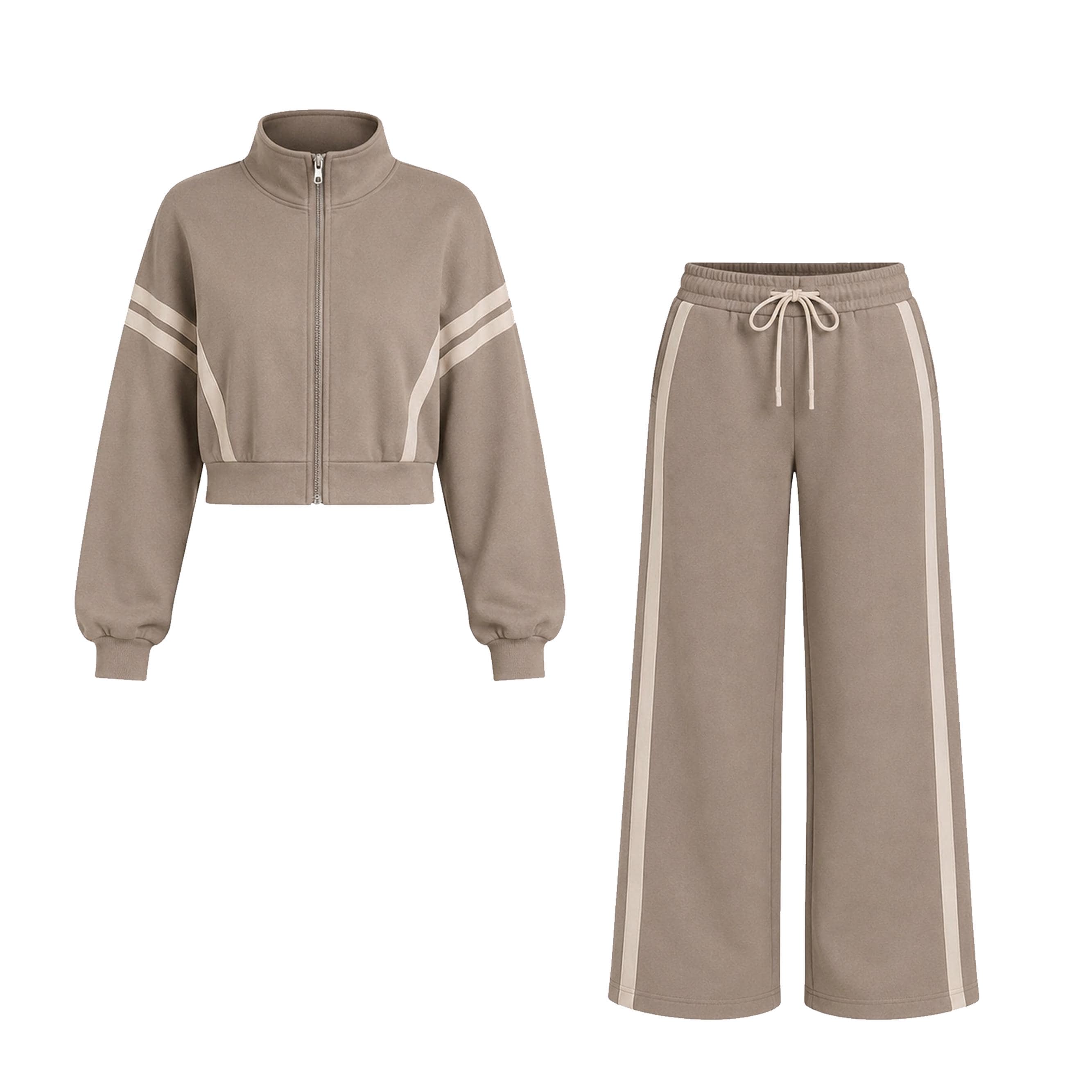 Taupe Cotton Fleece Lounge Set Zip Up Sweatshirt, Wide Leg Pants