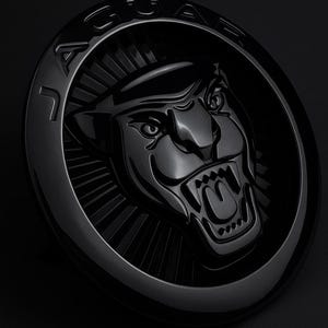 Puede incluir: Un emblema Jaguar negro brillante, con una cabeza de jaguar detallada con la boca abierta y dientes visibles, dentro de un marco circular. El emblema tiene una apariencia tridimensional y está sobre un fondo oscuro.