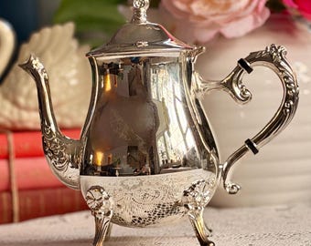 Vintage Silver Plated Teapot Sugar Bowl with Lid – Ornate Footed Tea Server – Cottagecore Decor – Shabby Chic Coffee Bar Decor – English Tea