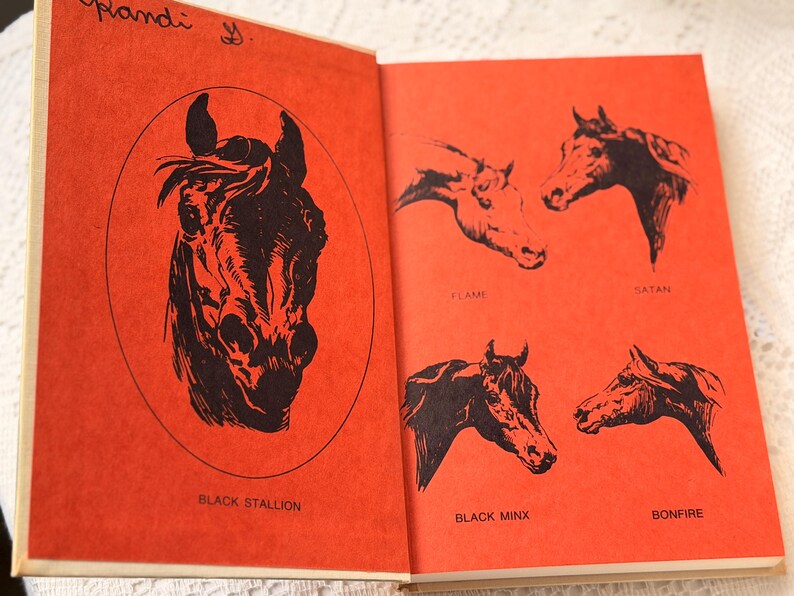 Peut inclure: Un livre ouvert avec des pages orange pr&eacute;sentant des illustrations de chevaux noirs. La page de gauche montre une t&ecirc;te de cheval dans un ovale avec "Black Stallion" en dessous. La page de droite affiche quatre profils de t&ecirc;tes de chevaux avec les noms : "Flame", "Satan", "Black Minx" et "Bonfire".